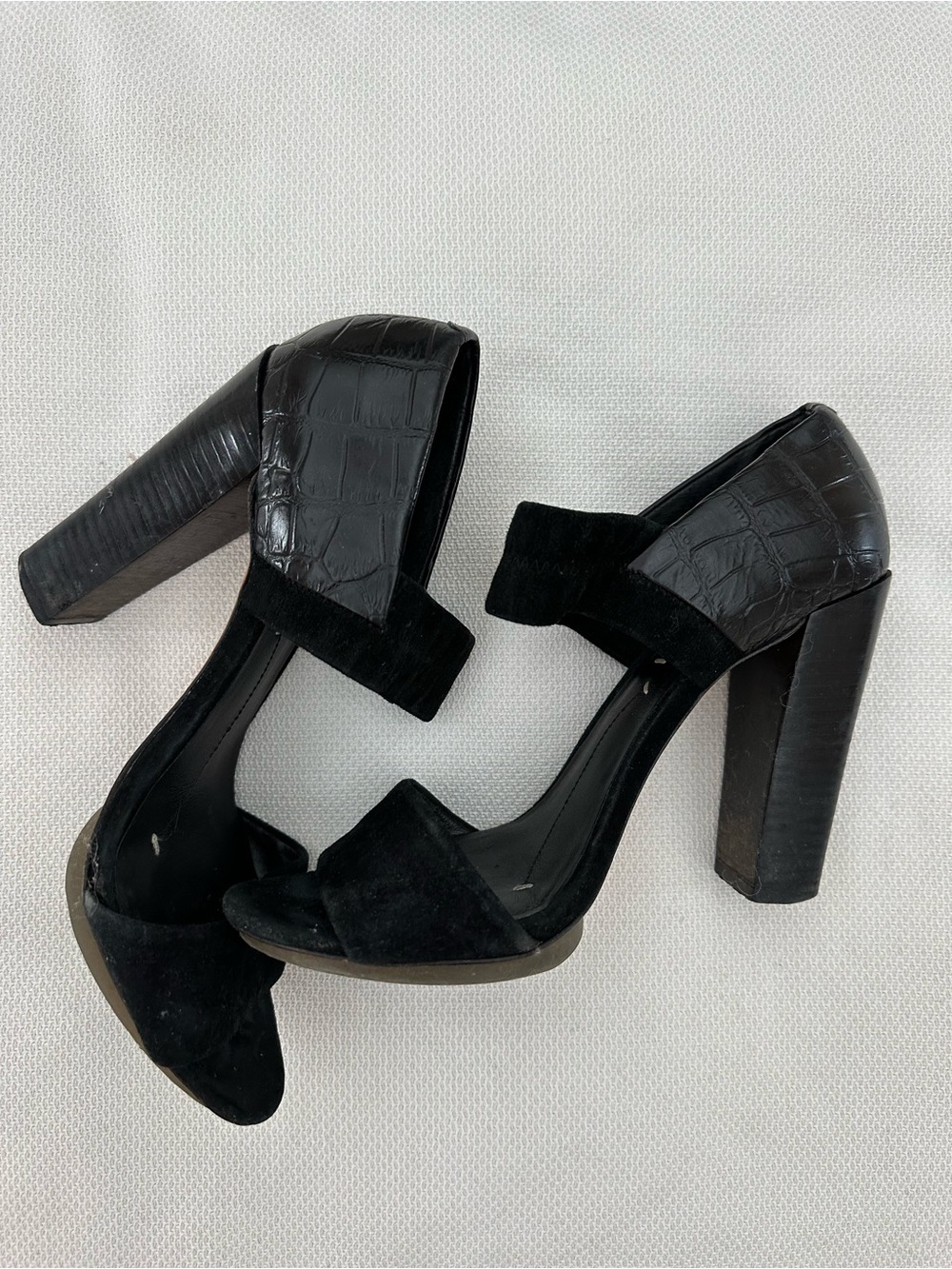 BCBGMaxAzria Black Suede & Croc-Embossed Block Heel Sandals